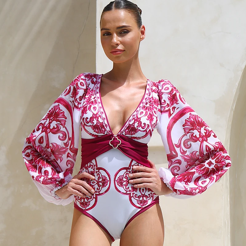 Flaxmaker Long Sleeves Majolica Series Pattern Print One Piece Swimsuit Biquini Beachwear Women Sexy Bikini Sets Swimsuit
