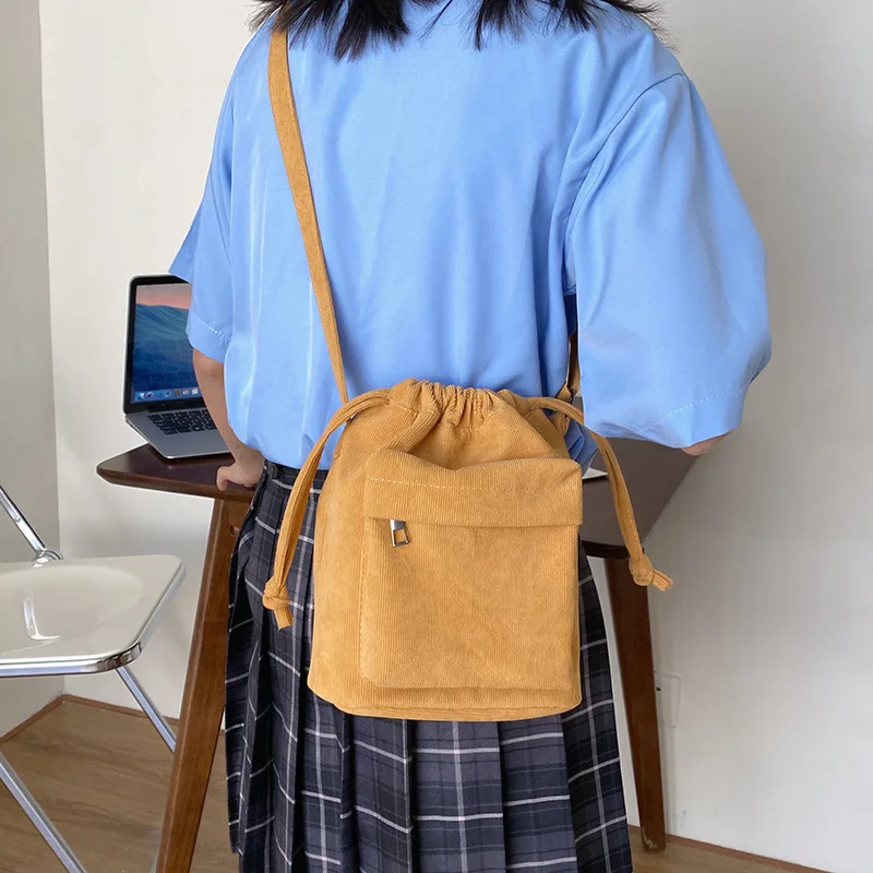 

Casual Women Crossbody Bag Drawstring Bucket Shoulder Handbag New Corduroy Messenger Bags Solid Canvas Purse Bag for Women