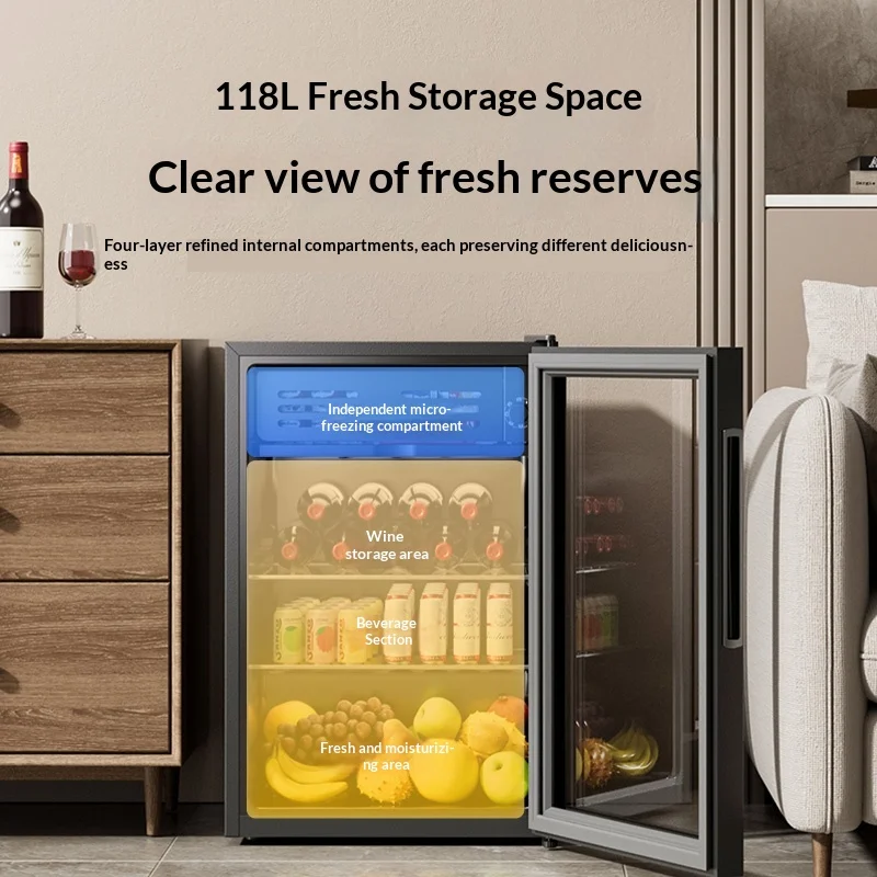 Silver Ice Bar Home Office Stainless Steel Tempered Glass Beverage Cabinet LED Light Frost-free Low Noise 118L Large Capacity