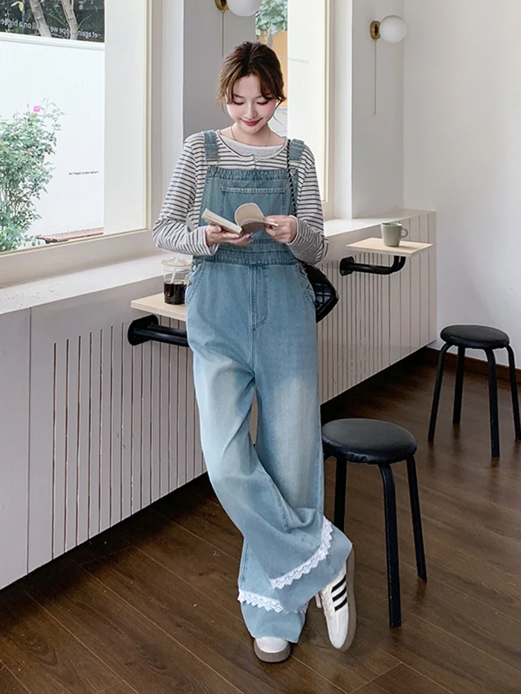 

Женский джинсовый комбинезон с высокой талией, весна-осень, с кружевной отделкой, длинные широкие брюки, повседневный, цельный, модный, для работы