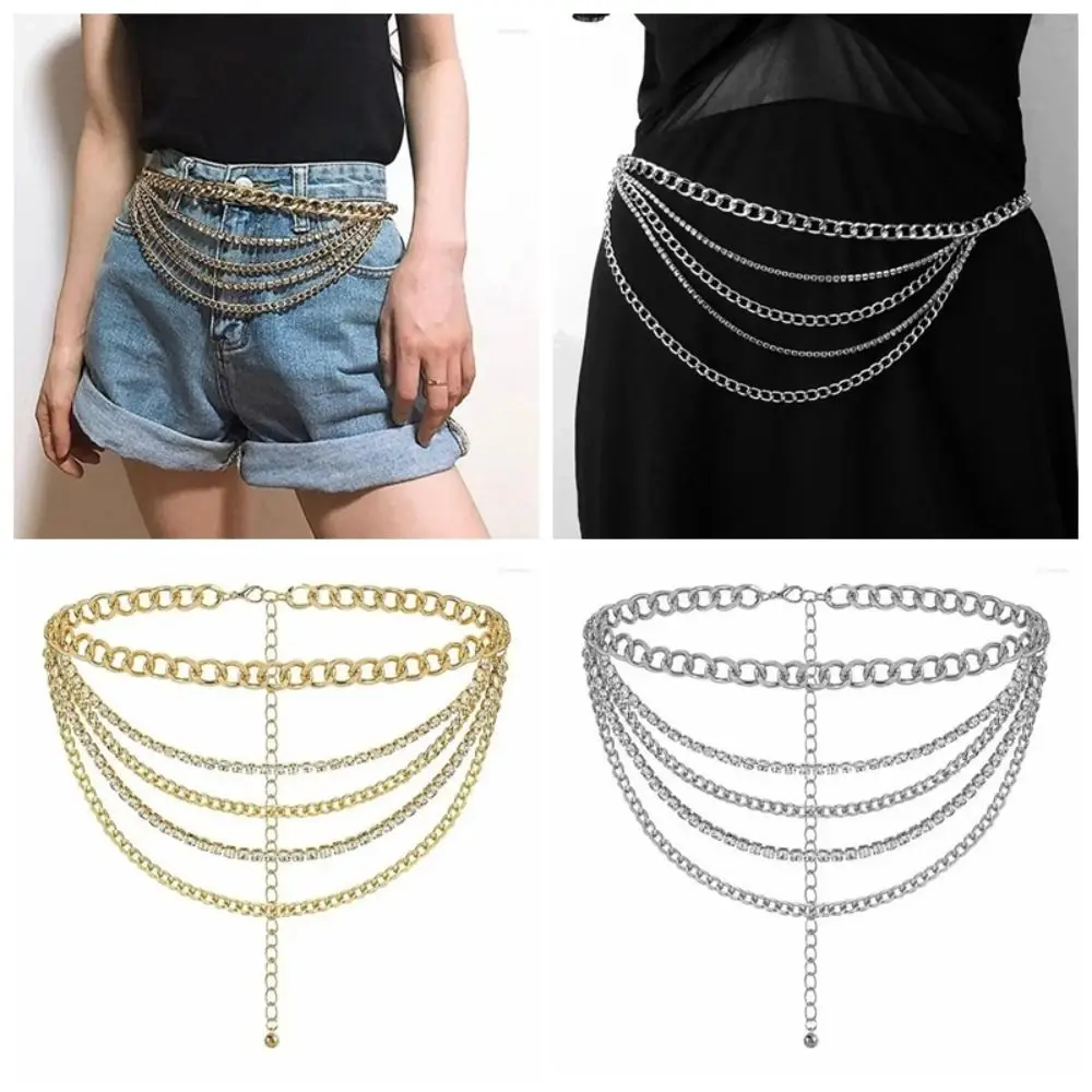Fashion Metal Waist Chain Multi Layer Design Tassel Decor Body Chain Rhinestone Inlaid Adjustable Rhinestone Belt Daily Outfit