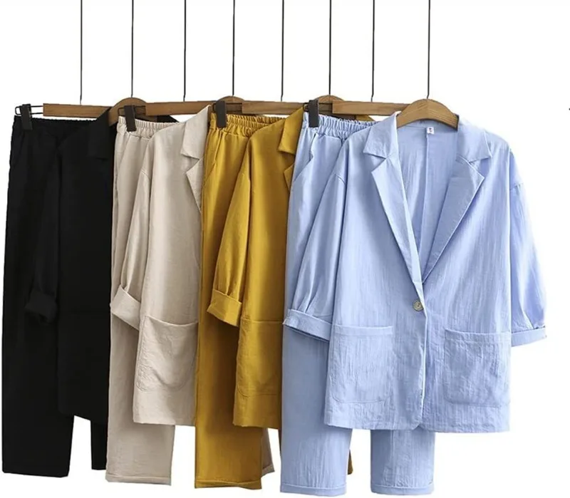 

2025 Summer Women Linen Kimono Blouse Pants Sets Commuter Suit Cotton Linen Loose Jacket Pants 2-piece Set Blouses