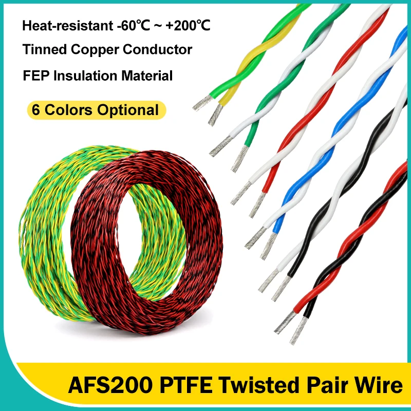 AFS200 PTFE Twisted Pair Wire 26 25 24 22 20 18 17 15 13AWG FEP 2pins Tinned Copper High Temperature DIY Electronic Signal Cable