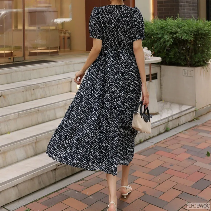 Vestido de Manga Curta Feminino Floral e Flor, Elegante Vestidos Longos, Vintage, Preto, Chique, Coréia, Design Francês, Verão, Novo, Retro, M-3XL, 2024