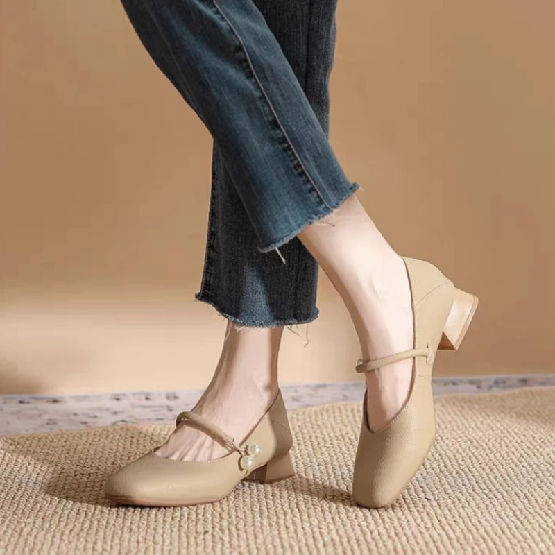 New Arrival 2026 Spring Autumn Mary Jane Heels Chunky Pearl One Strap Versatile Soft Insole Flat Heel Comfortable Women