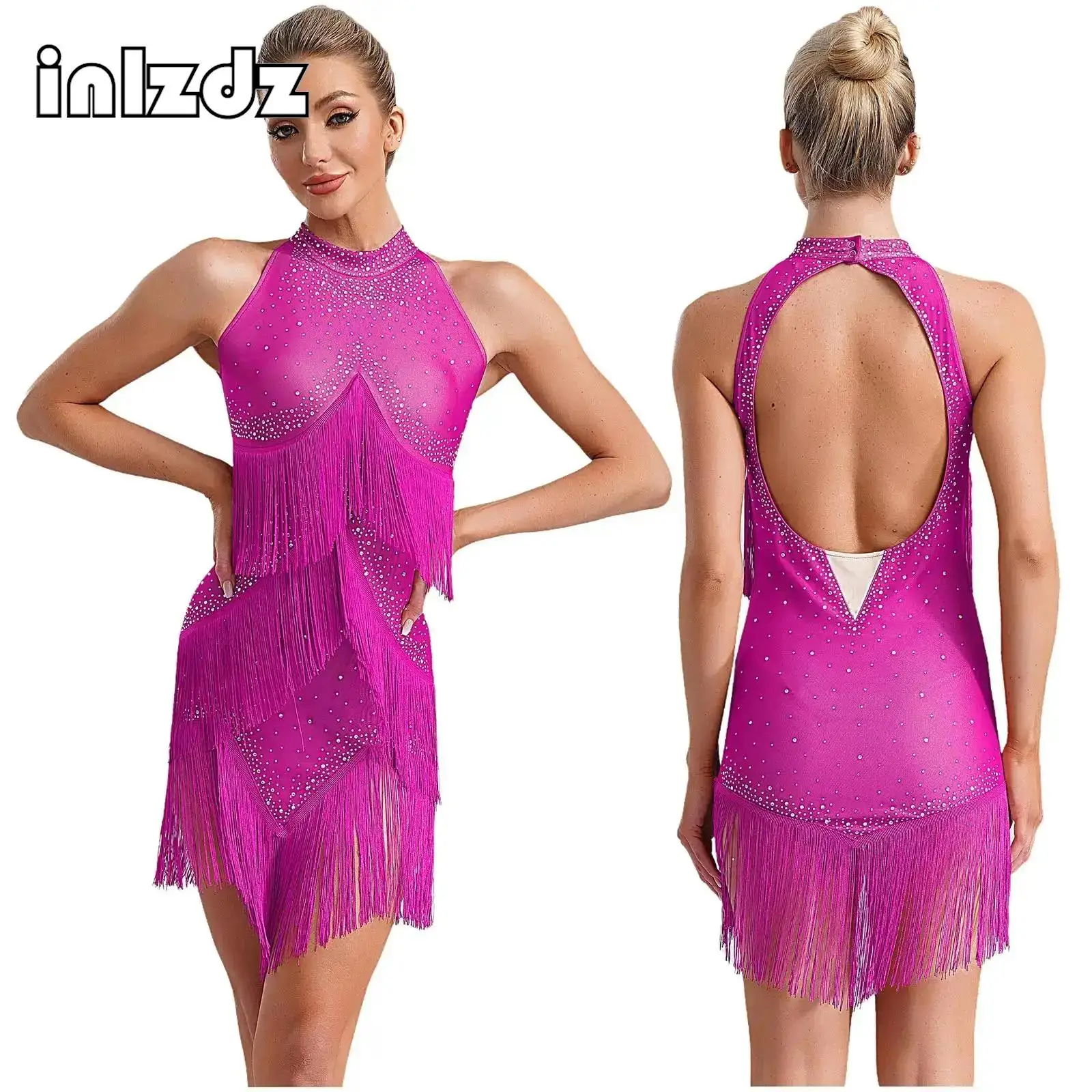 

Latin Dance Tango Salsa Dress for Women Tassels Rhinestones Fringed Dress Ballroom Cha Cha Rumba Stage Performance Costumes