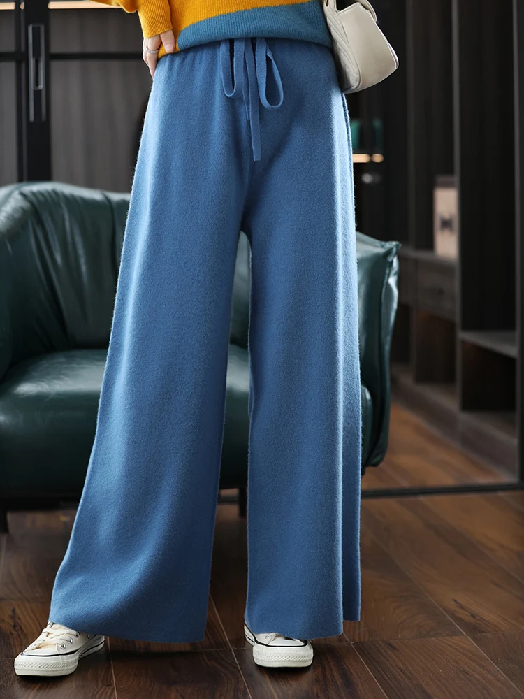 2023 New Autumn Winter Women 100% Wool Pants Soft Waxy Comfortable High-Waist Knitted Female Cashmere Thicken Wide Leg Pant