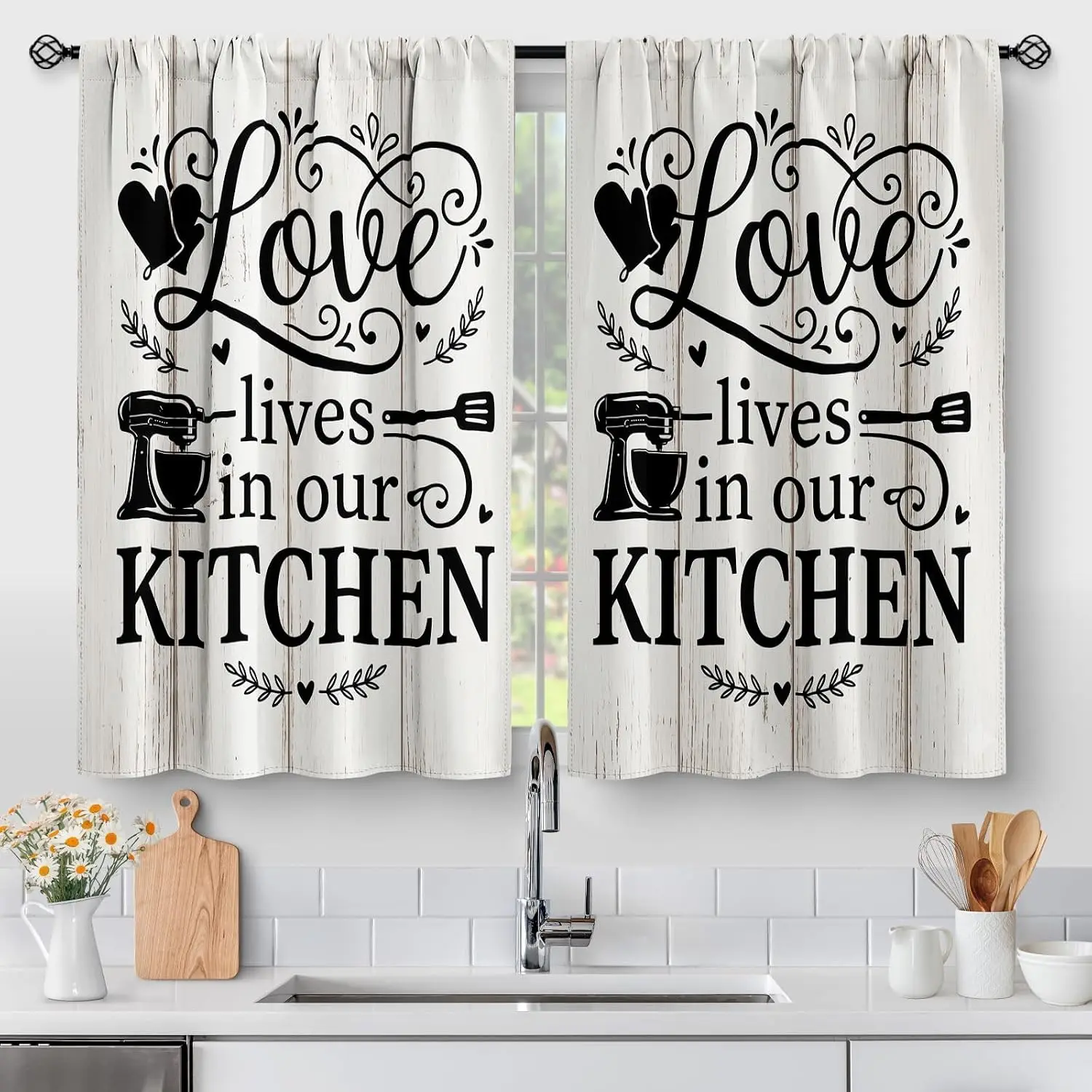 Love Lives In Our Kitchen Curtain Panels, Farmhouse Wood Baking Tool Quote Print Drapes for Kitchen Small Window Home Decor