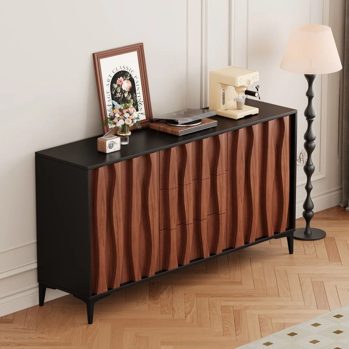 Vintage-style cabinet, sideboard, wall-integrated entryway wine cabinet