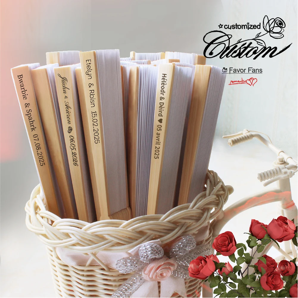 20/30/40/50 Personalized Carved White Folding Elegant Paper Fans, Used for Bridal Showers, Beaches, and Weddings. Bamboo Hand Fa