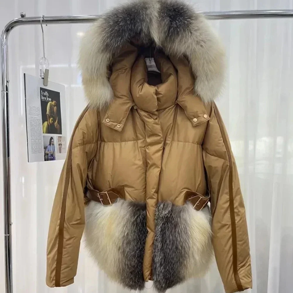 Winter Coats with Real Red Fox Fur Hood Collar White Goose Down Coats Women Parka Loose Female Outwear Real Fur Jacket Women