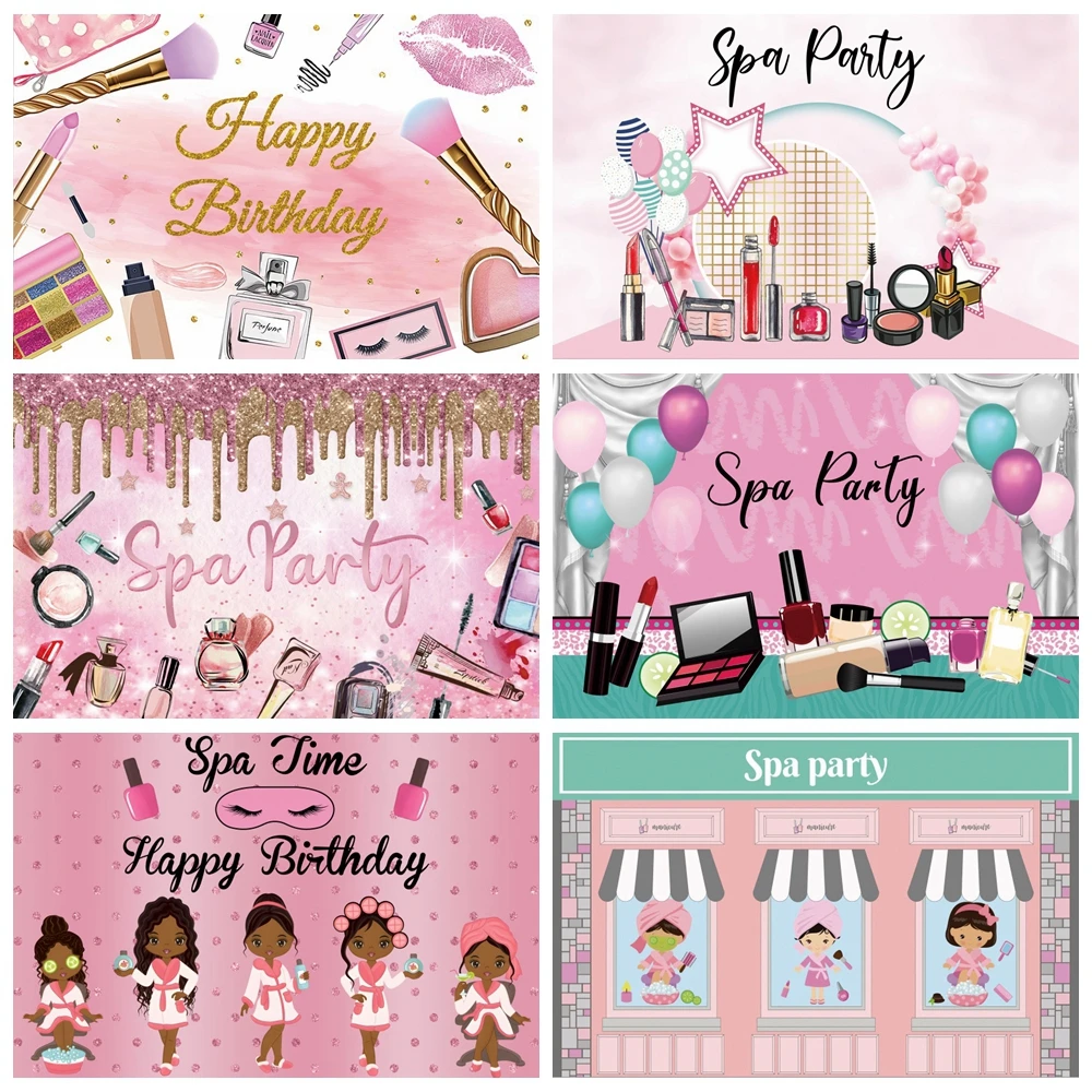 

Spa Party Backdrop Pamper Princess Girl Woman Pink Beauty Makeup Birthday Photography Background Decor Banner Photo Studio Props