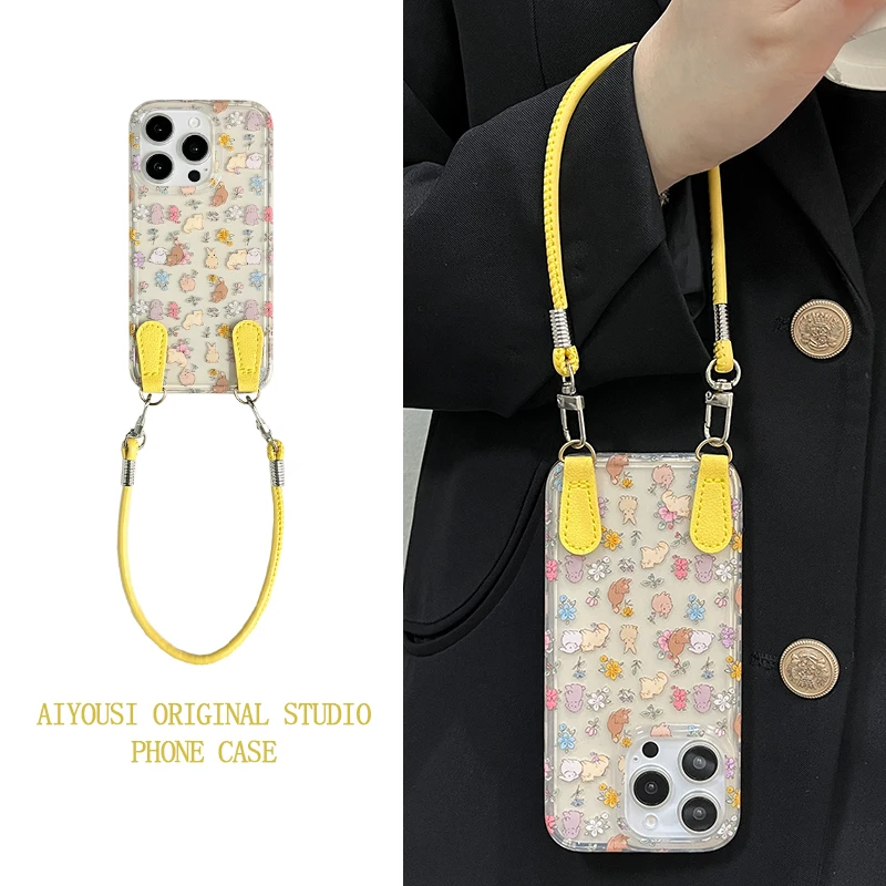 

Floral Bunny for Apple 16 Phone Case iPhone 14pro Hand Strap 15promax Wrestling Cute 13pro Cartoon i16promax Crossbody