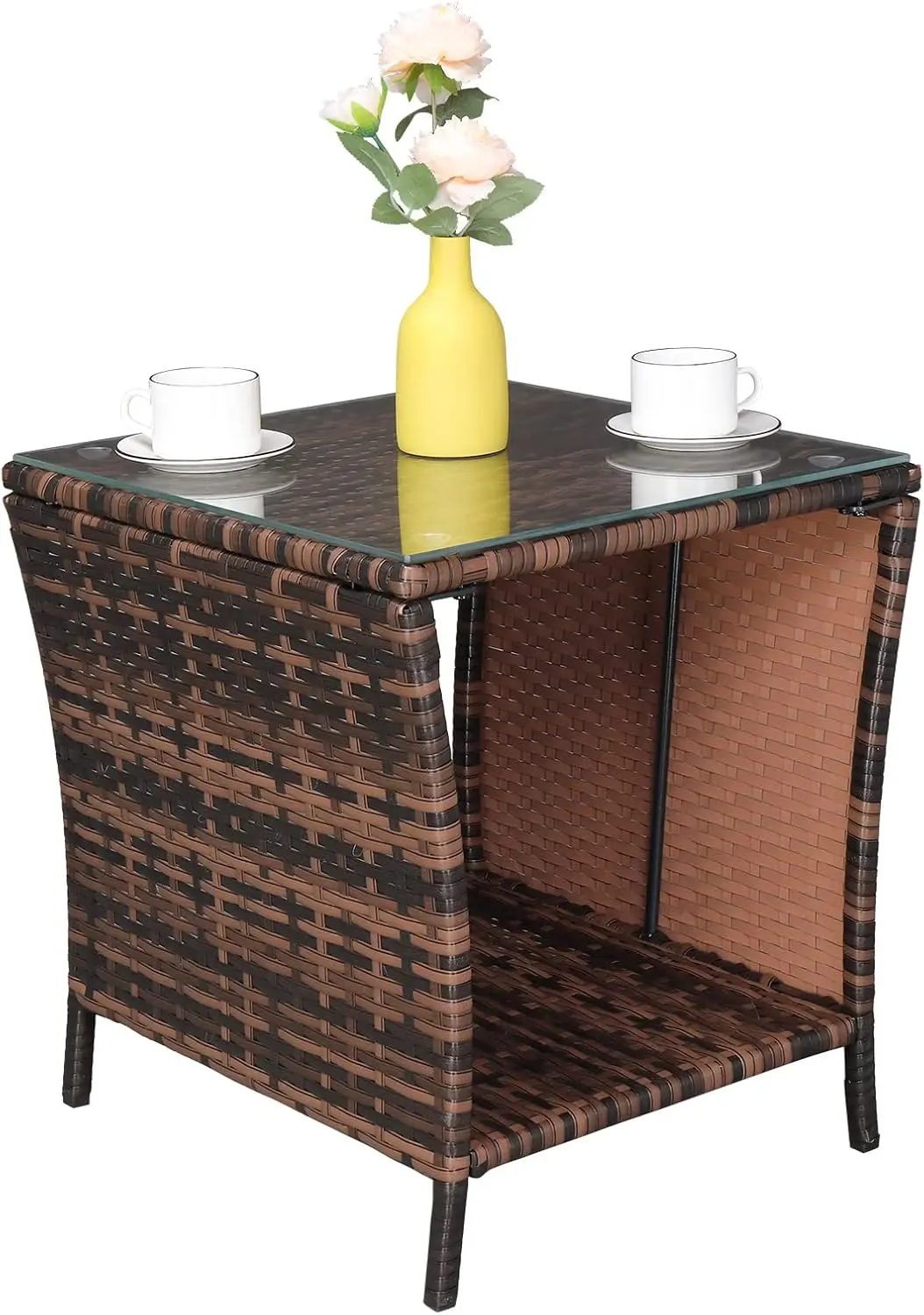 

Outdoor Wicker with Aluminum Frame Square Glass Top Coffee End Tables for Patio Garden Porch Brown Acrylic side table Mesas