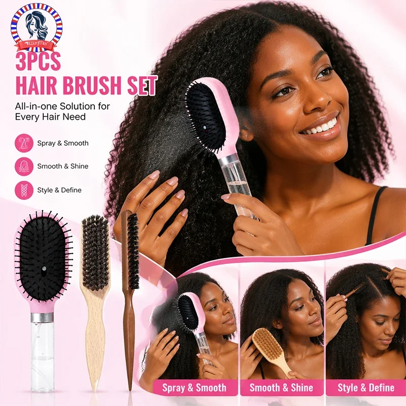 3Pcs Hair Brush Set Refillable Fine Mist Spray Air Cushion Comb Natural Bristle & Teasing Brush Salon Hair Styling Tools