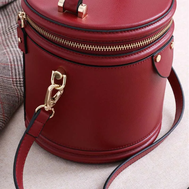 Vintage PU Leather Bucket Box Bags for Women Cylinder Zipper Handbags with Top Handle Ladies Totes Bags Shoulder Messenger Bags