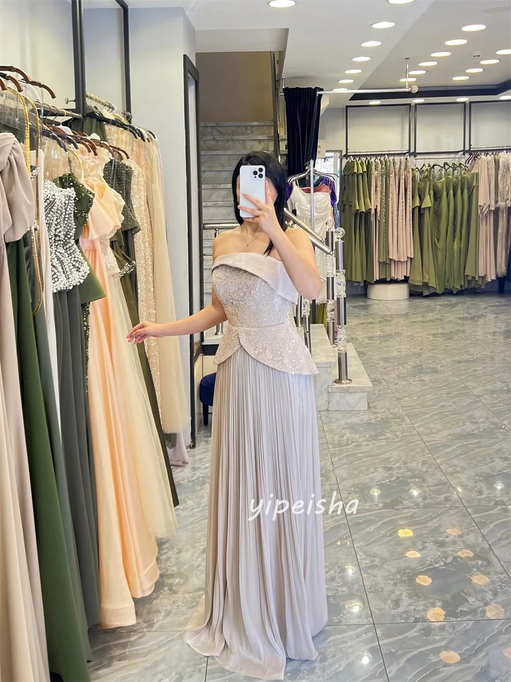 맞춤형 모던 스타일 패션 스팽글 비딩 스트레이트 스트랩리스 롱 드레스 맞춤형 행사 드레스 사이즈 선택 가능 포멀