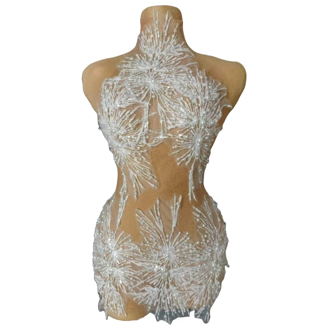 Party Birthday Sexy Carnival Rave Festival Performance Stage Costume White Snow Pearl See Through Mesh Women Stunning Dress