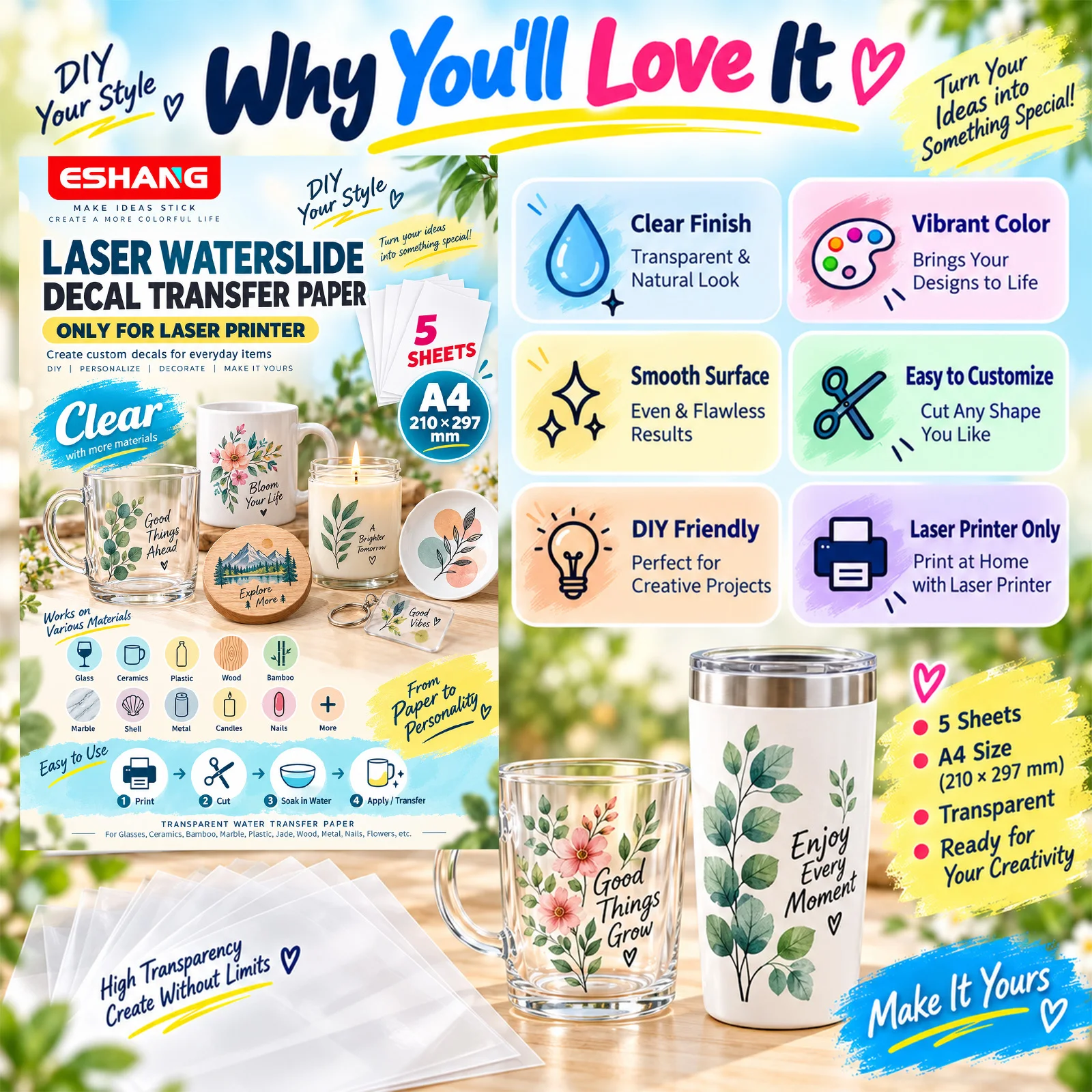 ESHANG A4 Clear laser Watersli - огляд і ціна Waterslide Decal Paper