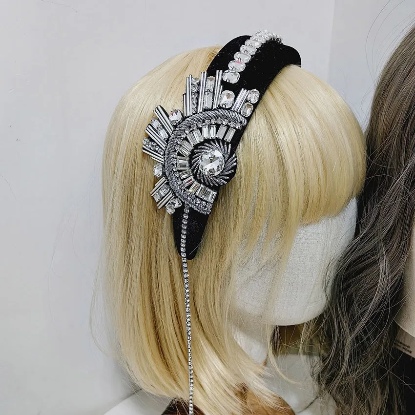 New Fashion Qianhui Same High Cranial Top Retro Sponge Diamond Fringed Headband Luxury Headband Women's Hair Accessories