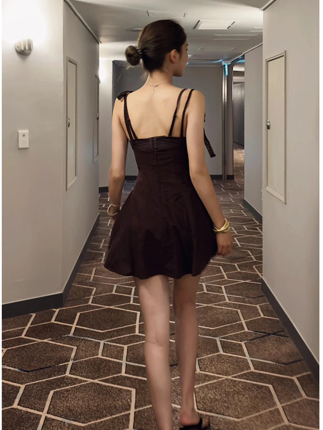 Gonna retrò da donna estiva con ricamo pesante marrone V-ne Dr Or Sle con motivo floreale Chiusura con cerniera Svel Vestibilità slim