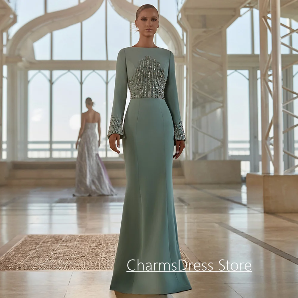 Modest Arabic Evening Dress Customized Long Sleeves Round Neck Silver Crystal Beading Mermaid Prom Gown Vestidos De Fiesta
