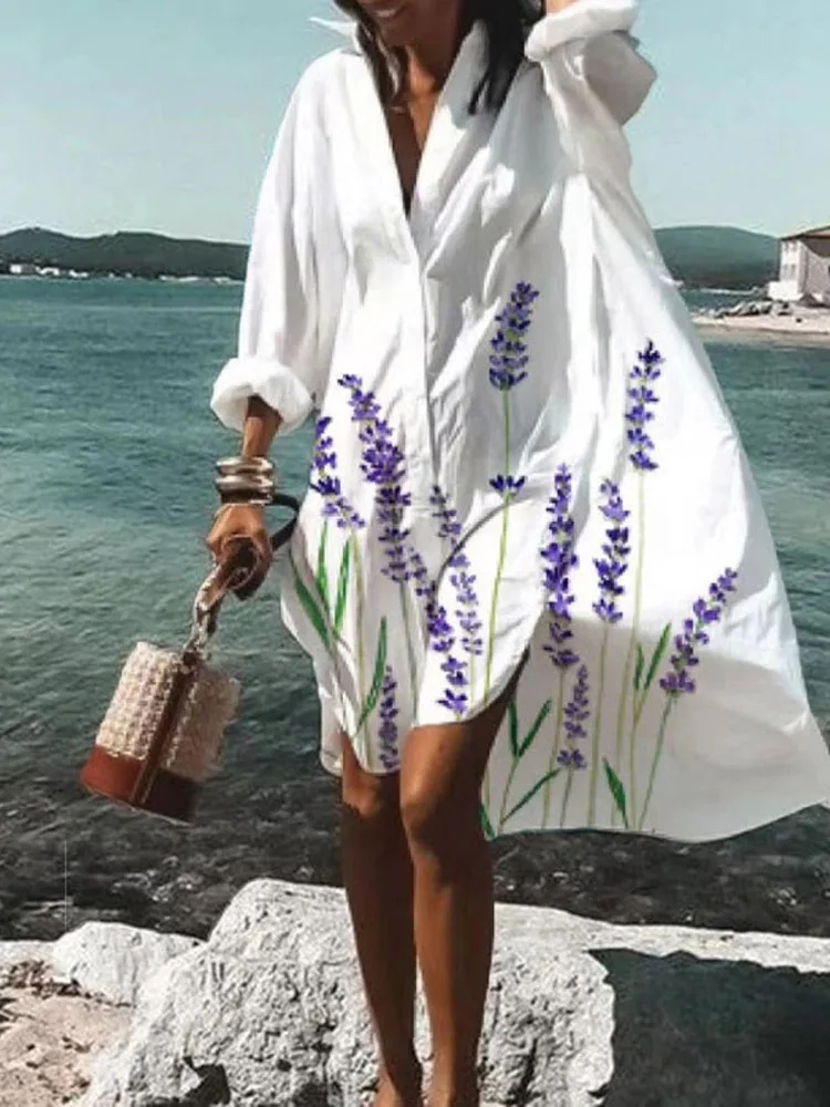 

Hotcial Oversized Shirt Dress Women Summer Printed Long Sleeve Loose Dresses Beach Party Vestidos Vacation Sundressrobe