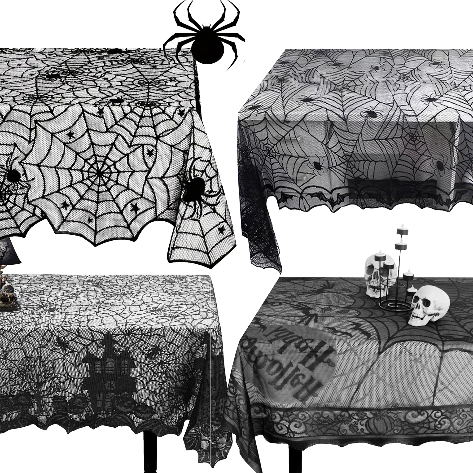 Halloween Lace Table Runner Black Spider Web Tablecloth Fireplace Cover Mantel Halloween Decoration 2024 Home Party Cloth Cover