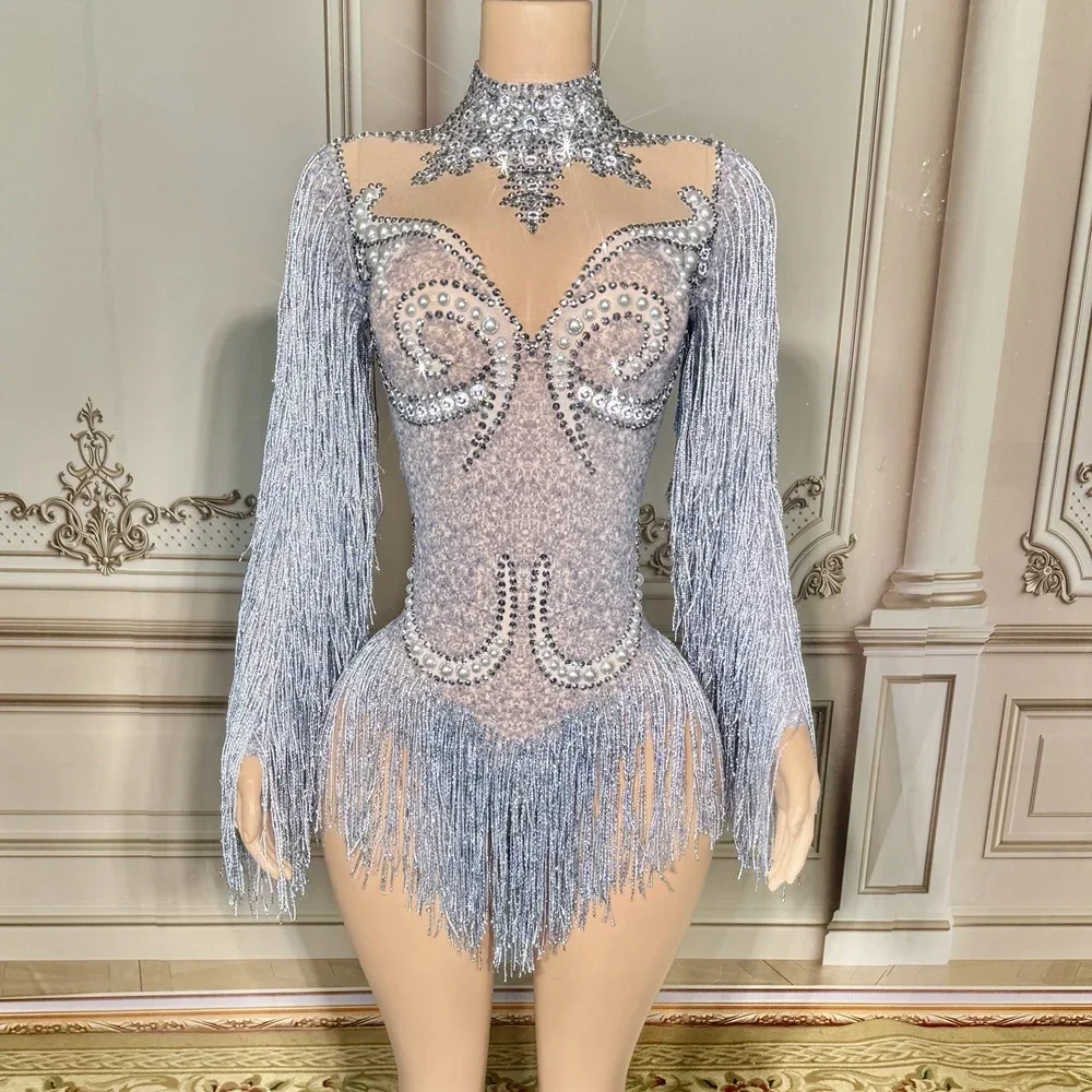 

Women Sexy Mesh Performance Dance Costume Nightclub Singer Dancer Stage Wear Sparkly Rhinestones Long Sleeve Fringes Bodysuit
