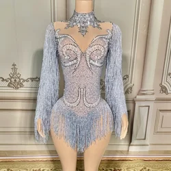 Women Sexy Mesh Performance Dance Costume Nightclub Singer Dancer Stage Wear Sparkly Rhinestones Long Sleeve Fringes Bodysuit