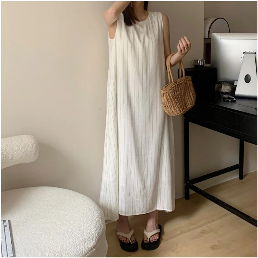 REALEFT Summer High Waist Vintage Striped Cotton and Linen Women's Tank Long Dresses 2025 New Sleeveless Casual Loose Dresses