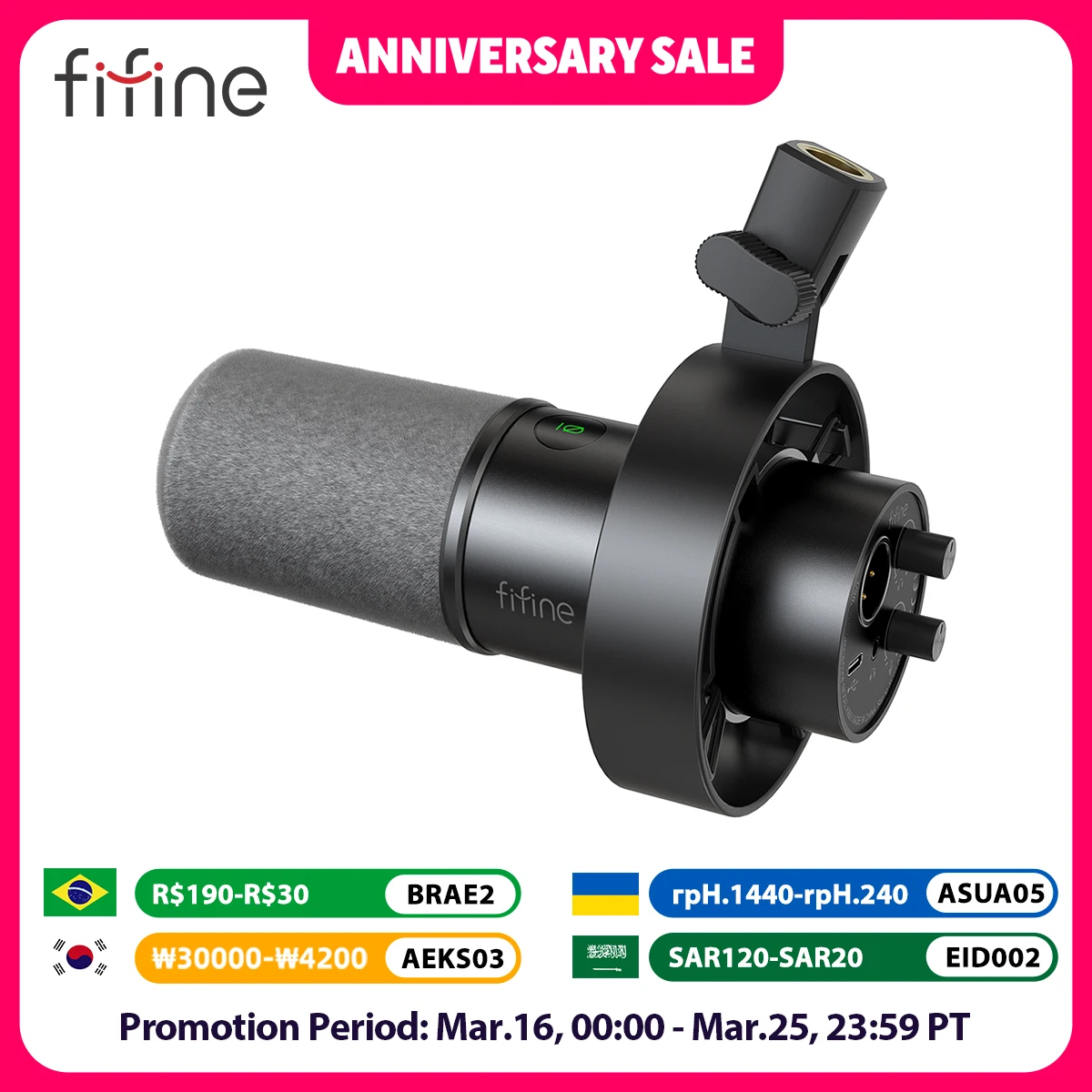 FIFINE Dynamic USB/XLR Microphone with Gain Knob/Touch-mute/Headphone Jack,Recording Mic for