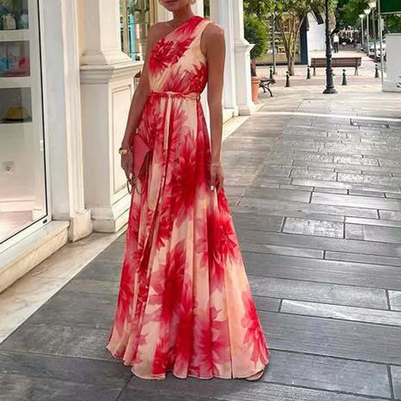 Sexy inclinado elegante padrão impressão rendas vestido de festa casual sem mangas plissado bohe vestido feminino ombro grande balanço vestido longo