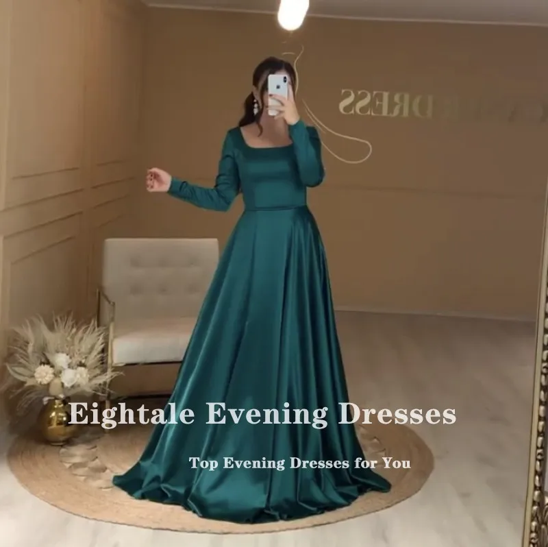 Eightale Green Evening Dress for Wedding Party Satin A-Line Long Sleeves Simple Arabic Dubai Prom Gowns Celebrity Dress