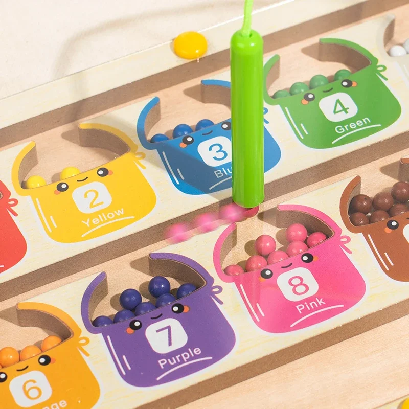 モンテッソーリ木製玩具 磁気カラーソート迷路ボード ペン移動ビーズゲーム コントロール感覚数学啓発 子供向け