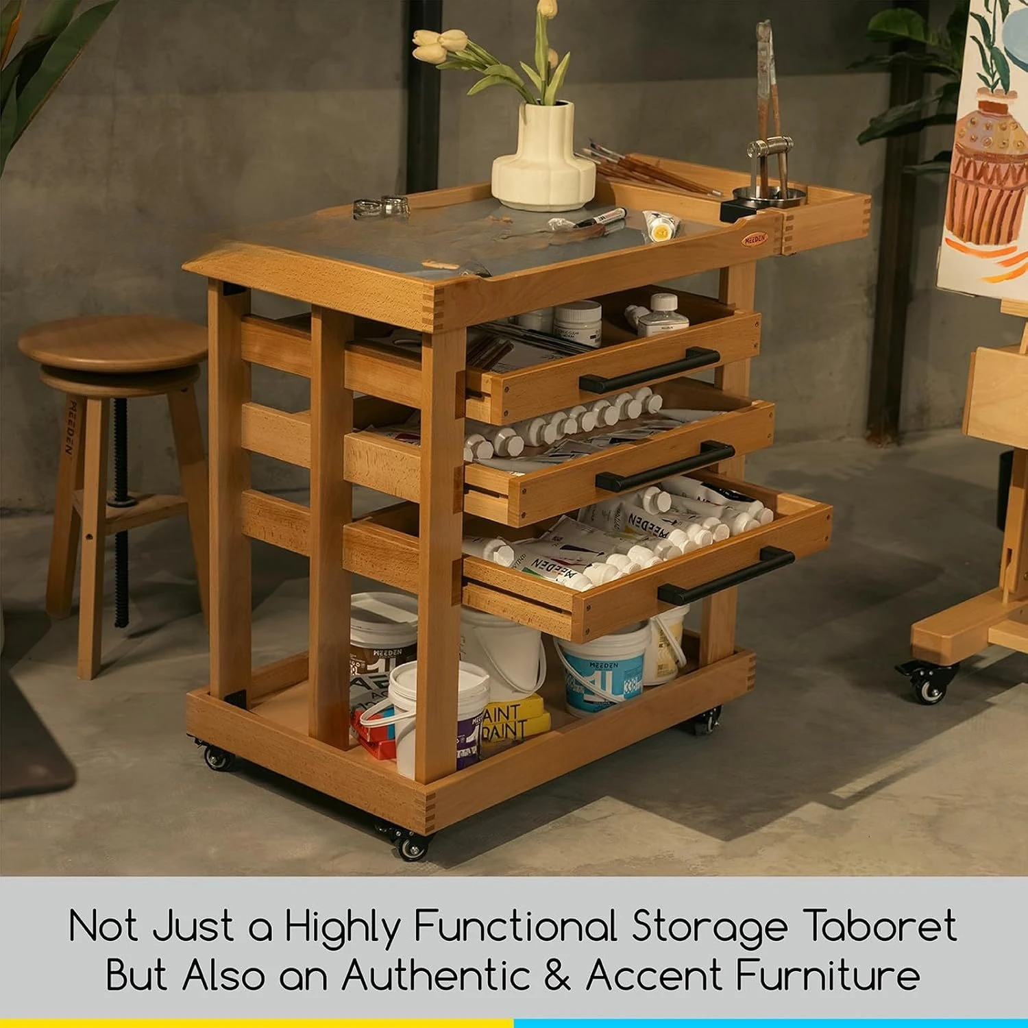 Wooden Art Supplies Storage Cart with Three Drawers Cart Mobile Craft Storage Oil Painting Tools Storage Rack