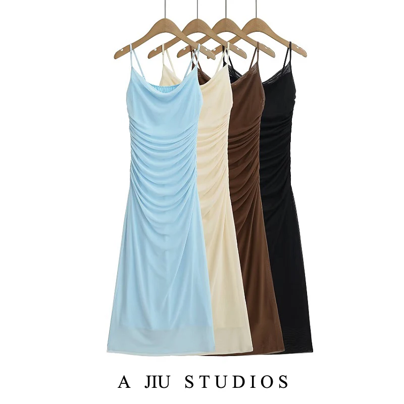 

Pure Desirable Sexy Lace Strap Dr Women's Summer Pleated Waist Cinching Slimming Long Skirt Sexy Sle Gathered Waist
