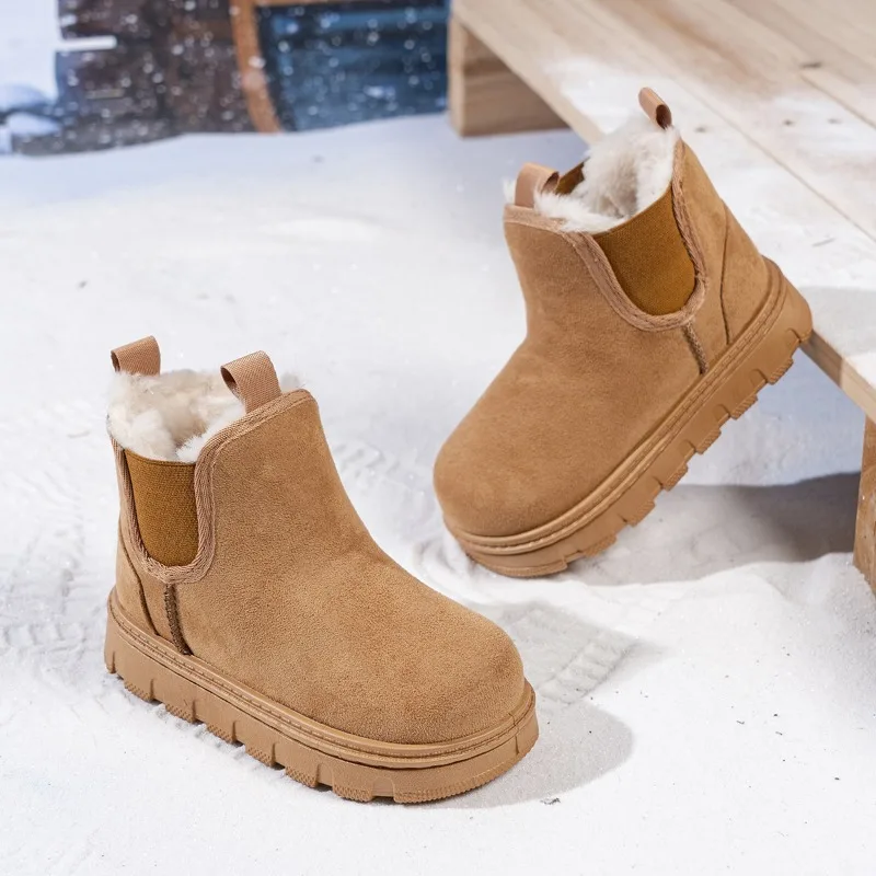 JGSHOWKITO Kids Winter Snow Boots Simple Round-toe Boys Girls Platform Ankle Boot Warm Furry Hairy Children Outdoor Cotton Boots