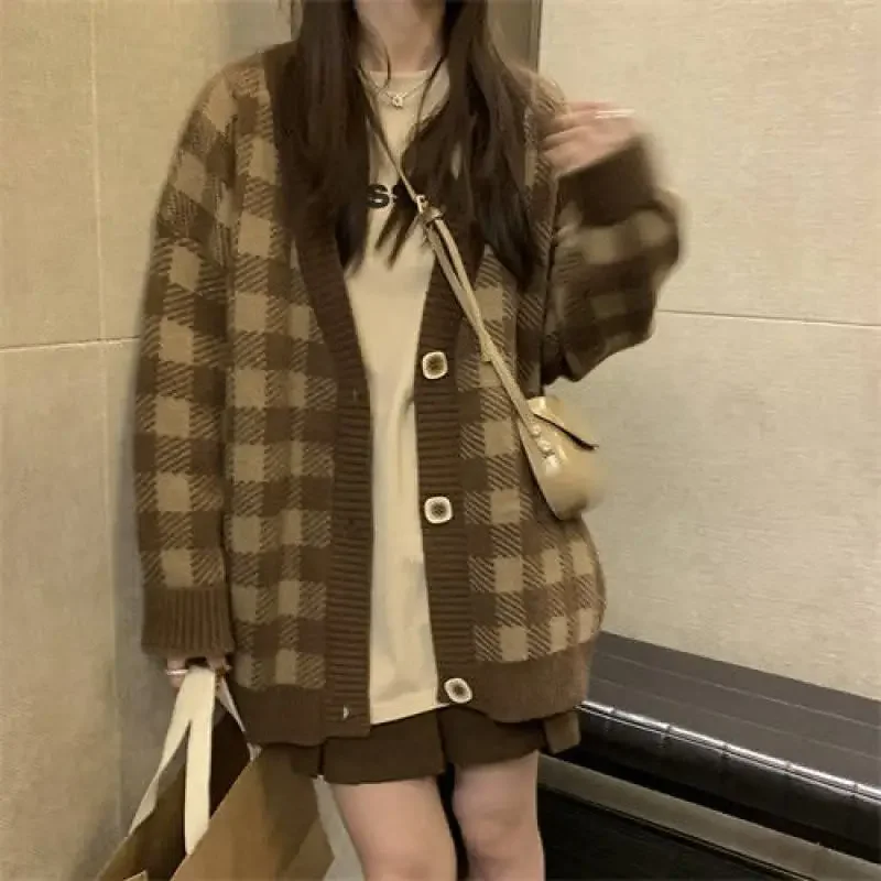 Vintage Cardigan Women Loose Korean Style Plaid Design Trendy Casual Streetwear V-neck Cool Prevalent Classic All-match Chic New