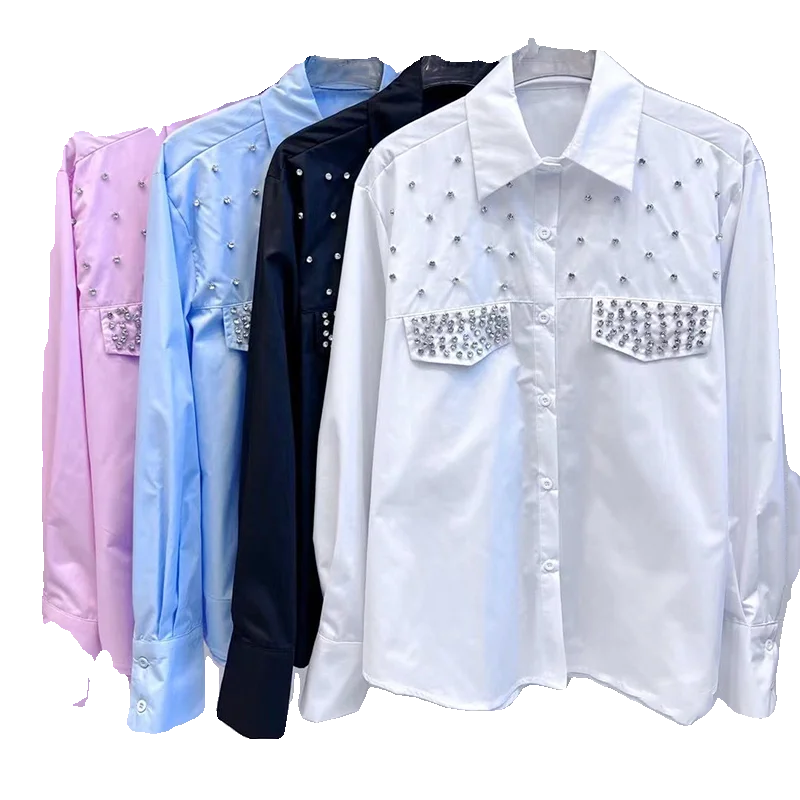 Exquisite Rhinestone Blue Long Sleeve Shirt New Women Summer Autumn New Niche Design Casual All-Match Loose White Blouse Tops