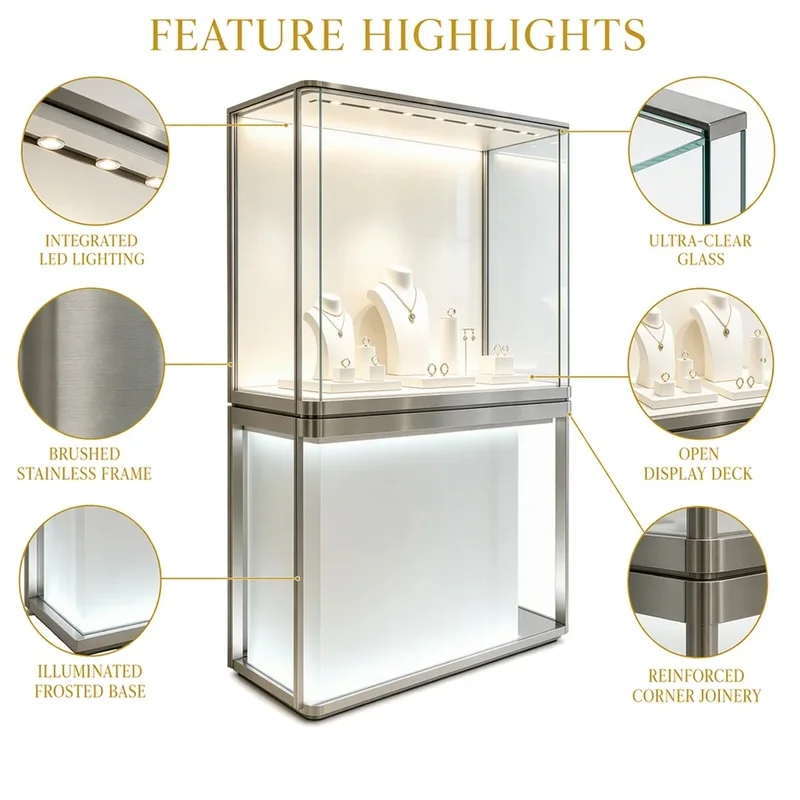 custom.Custom Size Wall-Mounted Stainless Steel Jewelry Display, LED Light Lockable Glass Vitrine Jewelry Sto