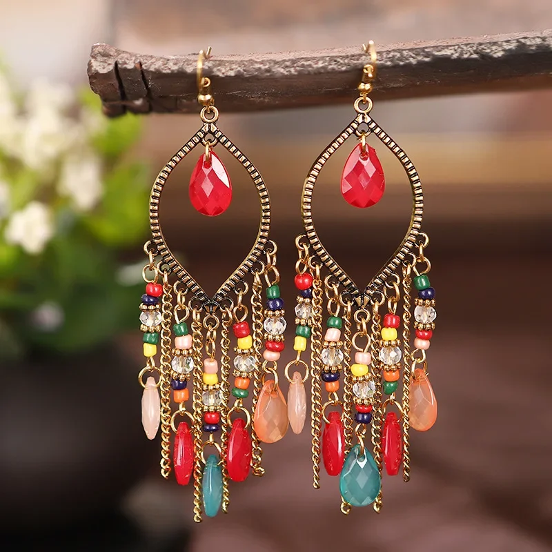 Bohemian Vintage Crystal Tassel Earrings for Women Ethnic Wind Long Drop Antique Geometric Jewelry Everyday Gift