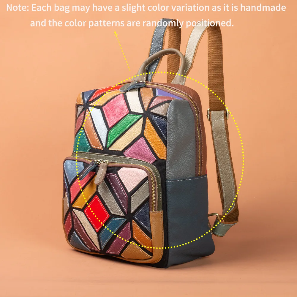 

Genuine Leather Women's Backpack, Bohemian Geometric Contrast Stitch Design, Top Grain Cowhide Large Capacity Rucksack