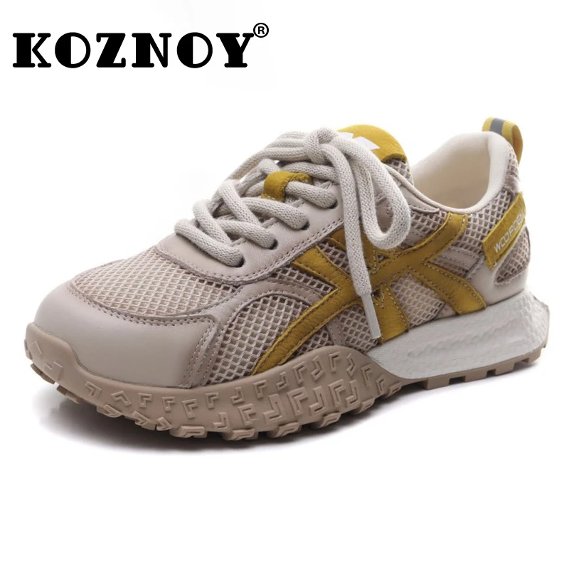 

Koznoy 3cm Air Mesh Suede Cow Genuine Leather Flats Loafer Ethnic Casual Chunky Sneakers Rubber Native Shoes Women Comfy