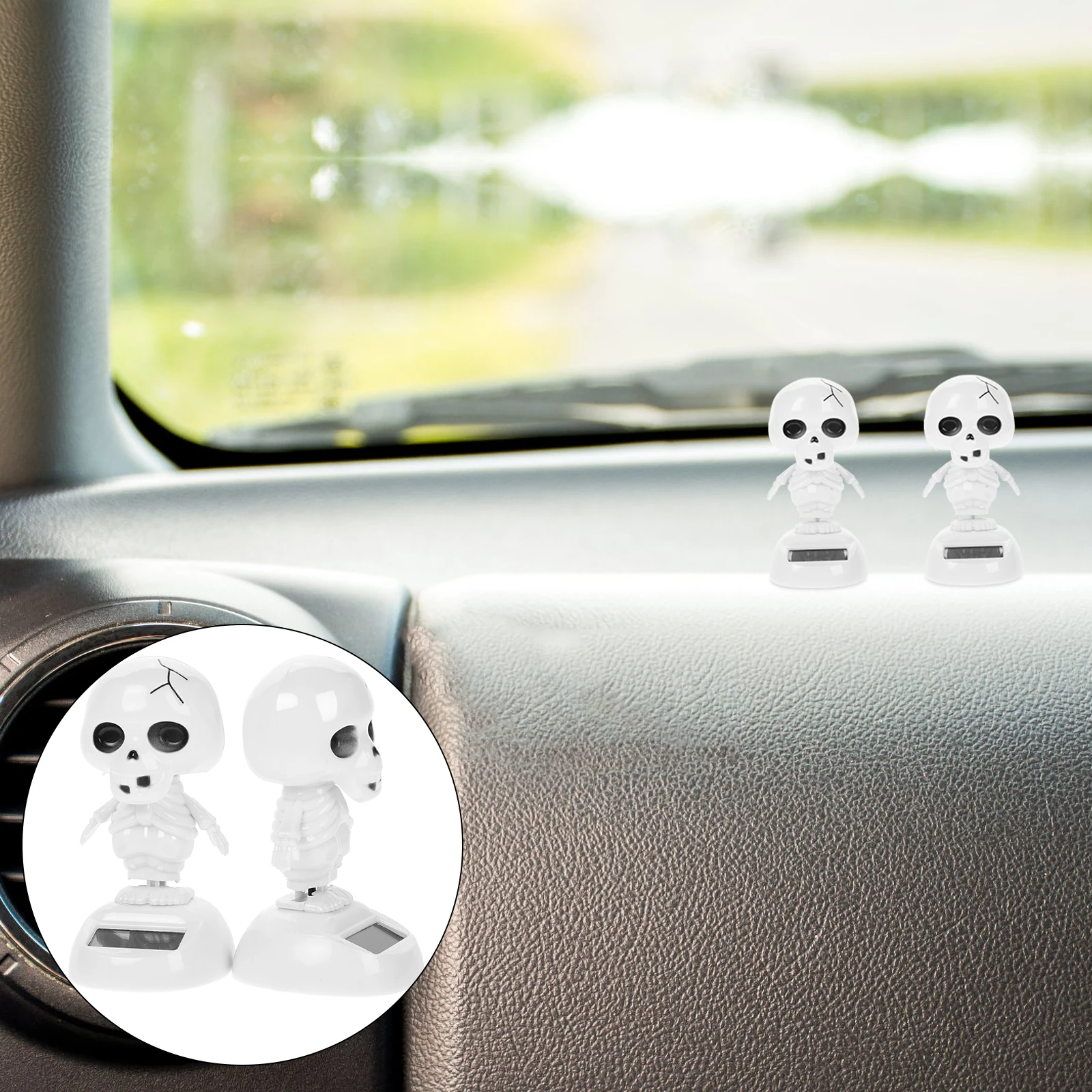 2pcs Solar Dancing Decor Halloween Car Home Office Desktop Decorative Bone Statue Lightweight Plastic Shaking Head