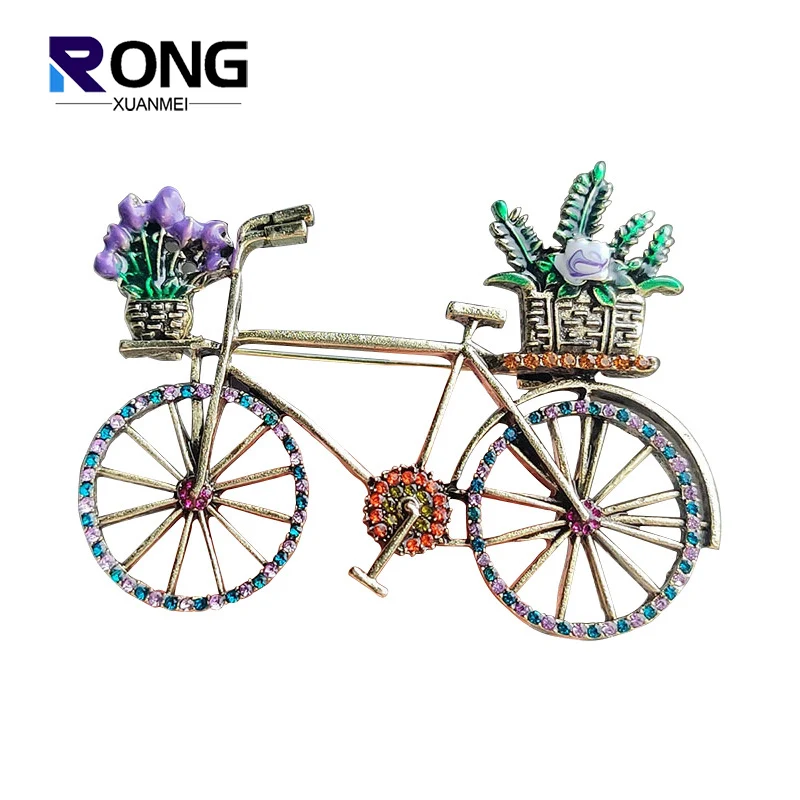 Broches de bicicleta de diamantes de imitación Vintage para mujer, broche de aleación de cesta de flores para mujer, accesorios de ropa creativos