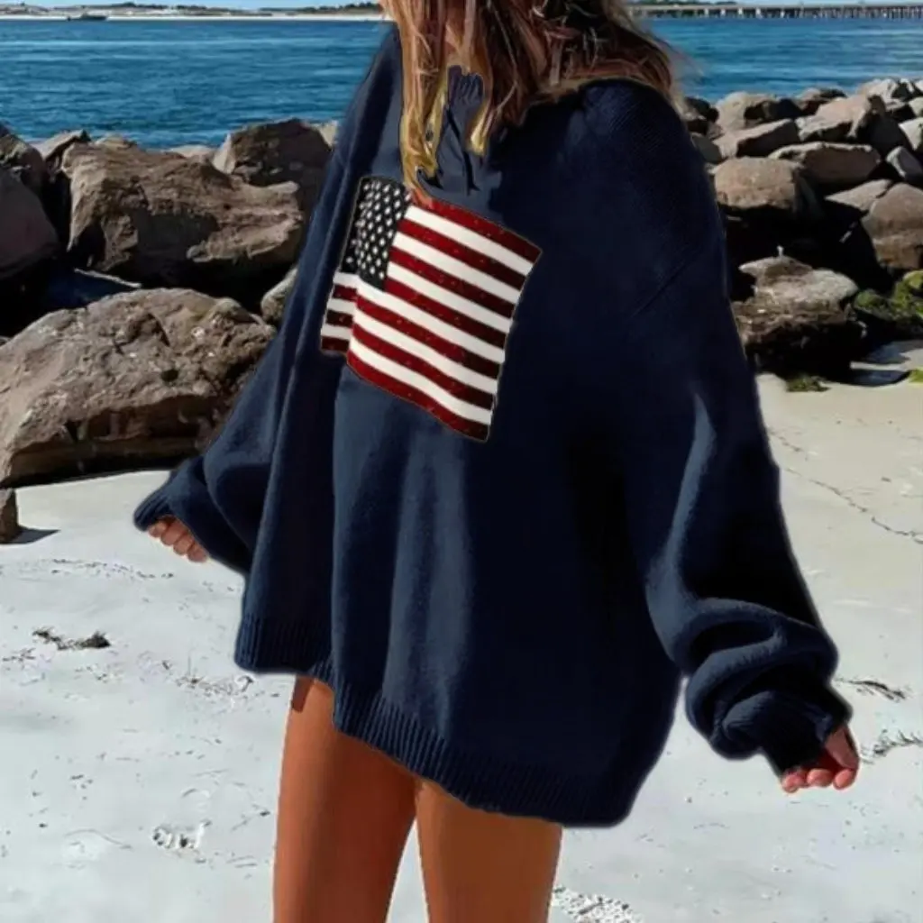 

Уличная одежда в американском стиле в стиле ретро, свободный пуловер с круглым вырезом и звездным флагом, вязаный свитер, женский топ