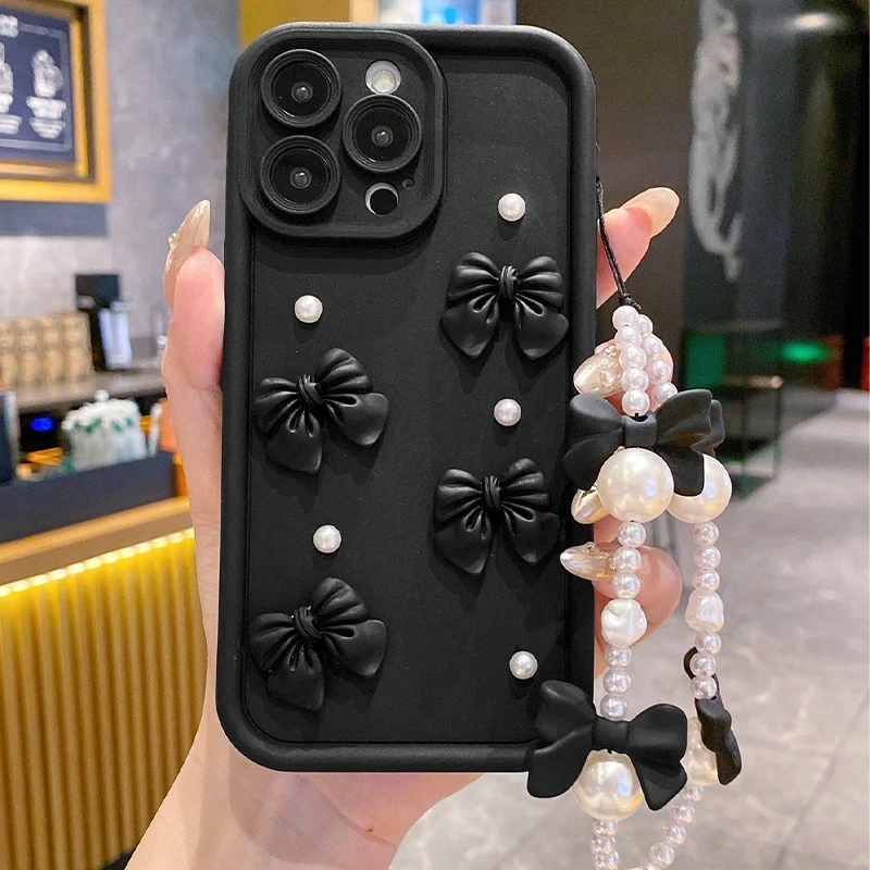 Custodia per telefono in silicone coreano 3D Bowknot Perla per iPhone 16 17 Pro 15 14 13 12 11 Pro Max 16E 7 8 Plus con copertura morbida con cordino