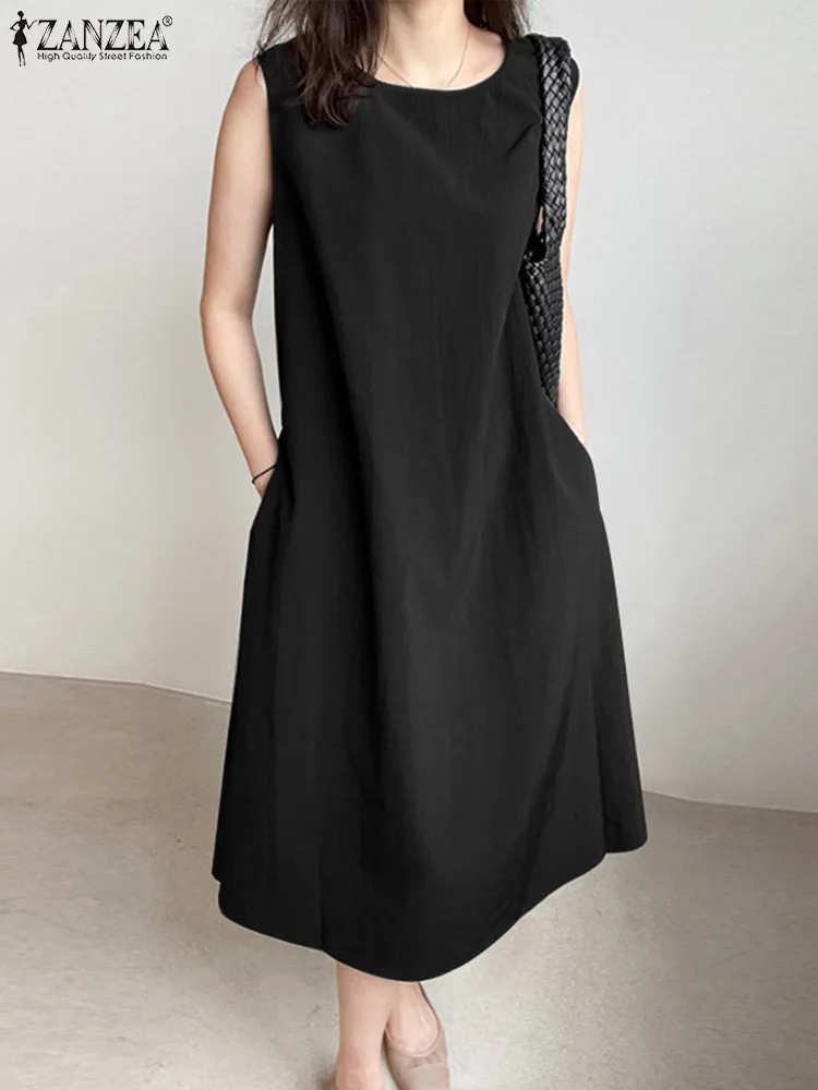 ZANZEA-Robe d'été élégante en coton solide pour femmes, robes d'été décontractées, robe de soirée au genou, robe éducative