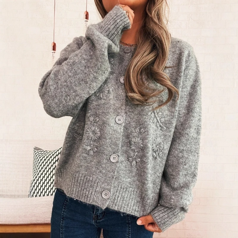 

Autumn and Winter Leisure Flowers Solid Color Knitted Cardigan Round Neck Long Sleeve Women's Sweater